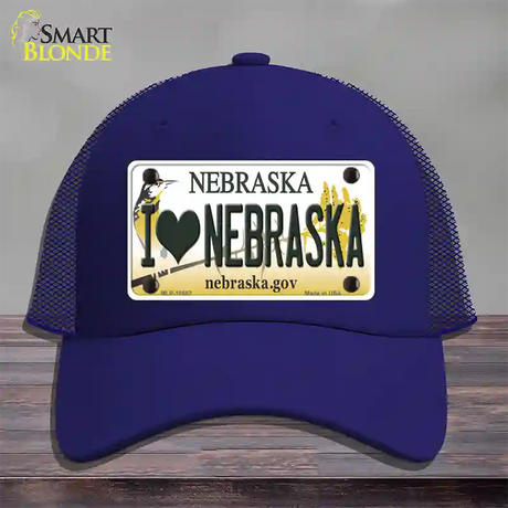 I Love Nebraska Novelty License Plate Hat Mesh / Royal Blue