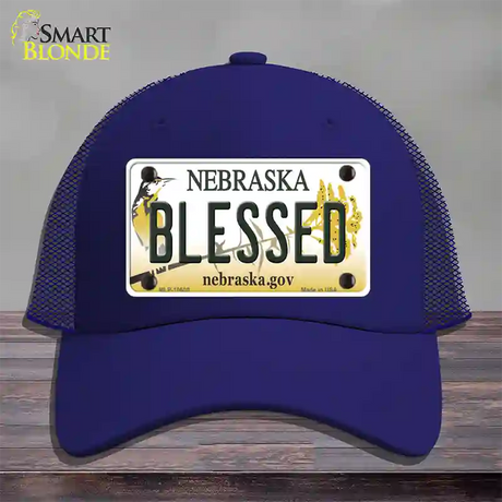 Blessed Nebraska Novelty License Plate Hat Mesh / Royal Blue