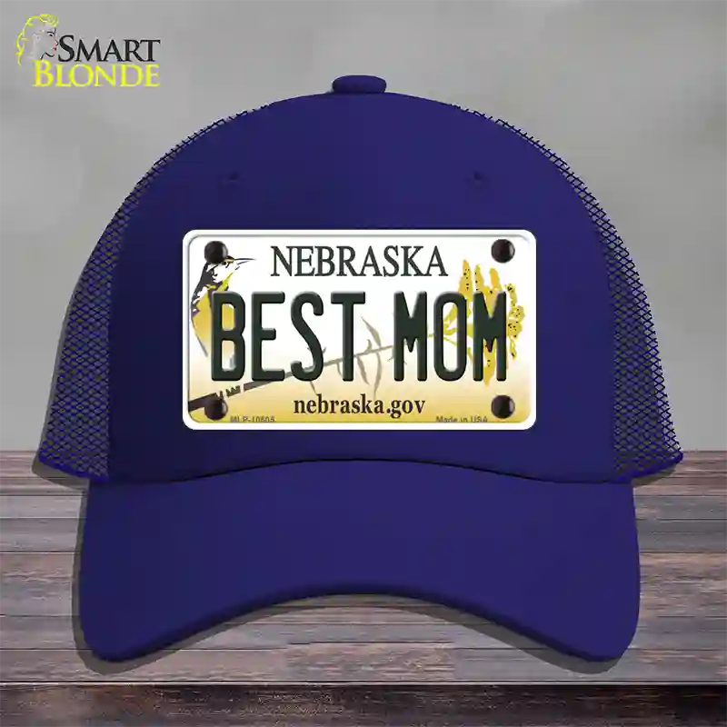 Best Mom Nebraska Novelty License Plate Hat Mesh / Royal Blue