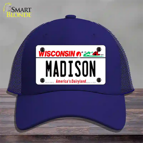 Madison Wisconsin Novelty License Plate Hat Mesh / Royal Blue