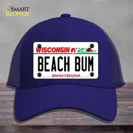 Beach Bum Wisconsin Novelty License Plate Hat Mesh / Royal Blue