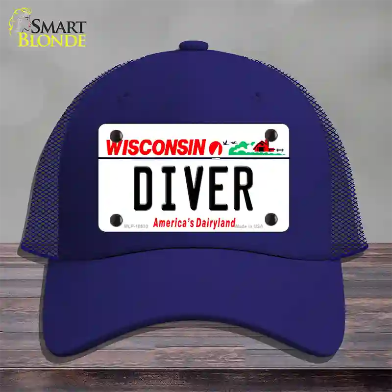 Diver Wisconsin Novelty License Plate Hat Mesh / Royal Blue