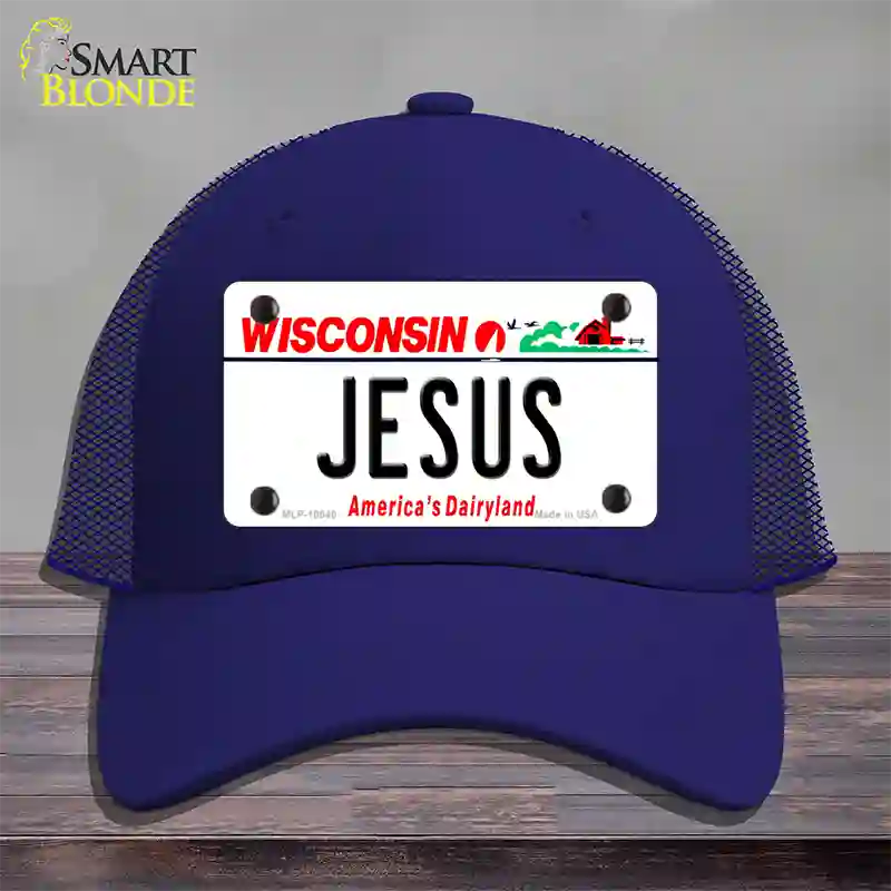 Jesus Wisconsin Novelty License Plate Hat Mesh / Royal Blue