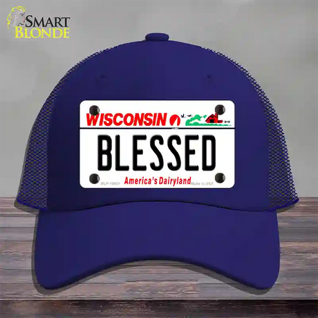 Blessed Wisconsin Novelty License Plate Hat Mesh / Royal Blue