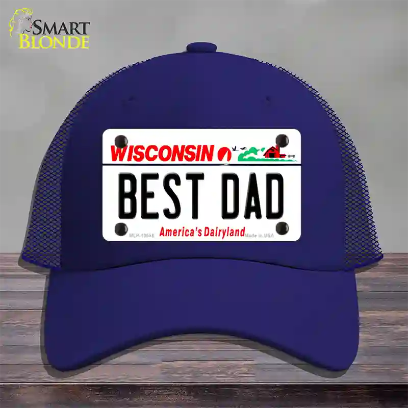 Best Dad Wisconsin Novelty License Plate Hat Mesh / Royal Blue