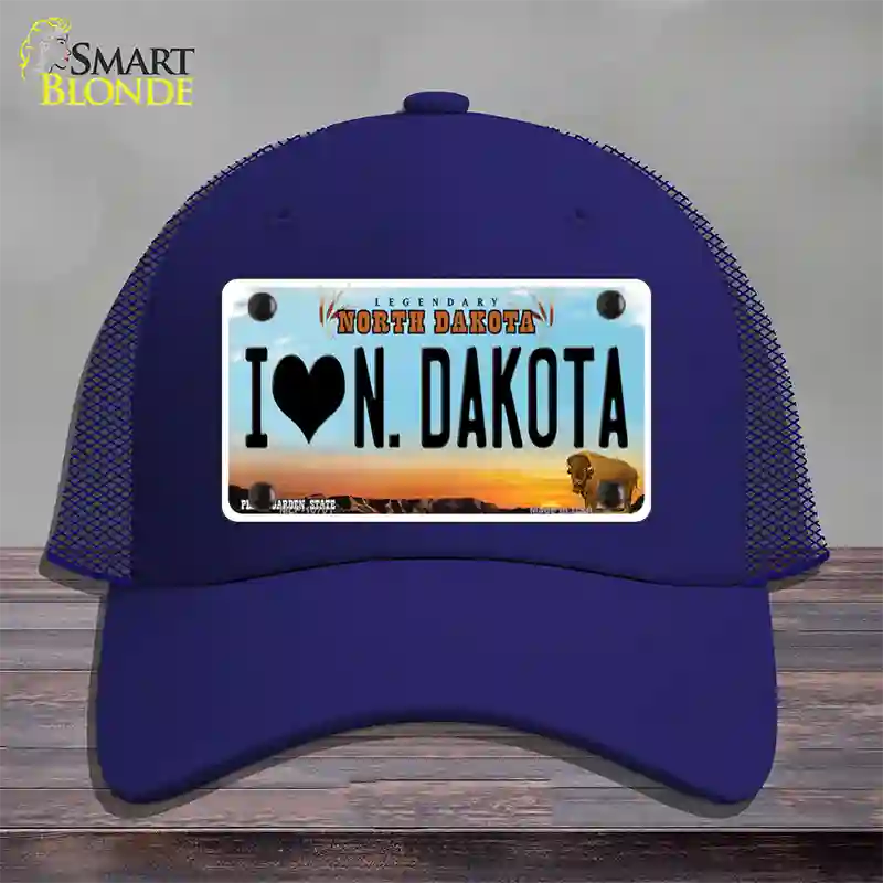 I Love North Dakota Novelty License Plate Hat Mesh / Royal Blue