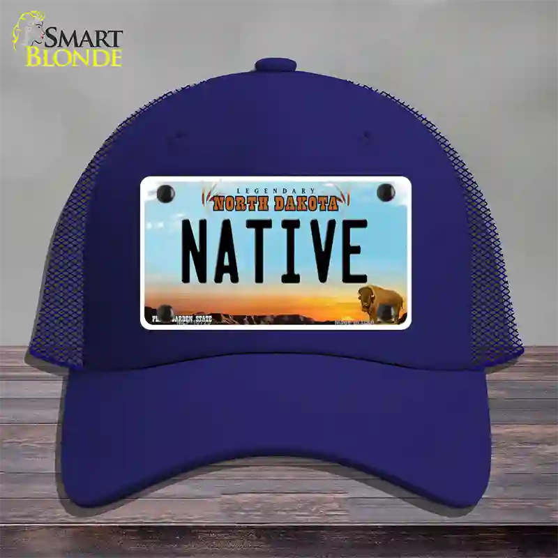 Native North Dakota Novelty License Plate Hat Mesh / Royal Blue