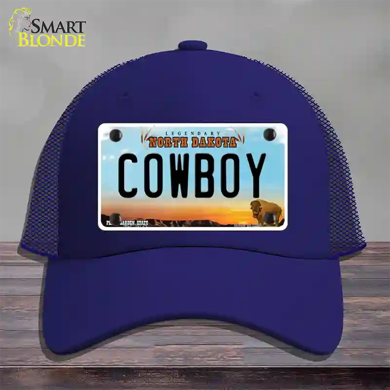 Cowboy North Dakota Novelty License Plate Hat Mesh / Royal Blue