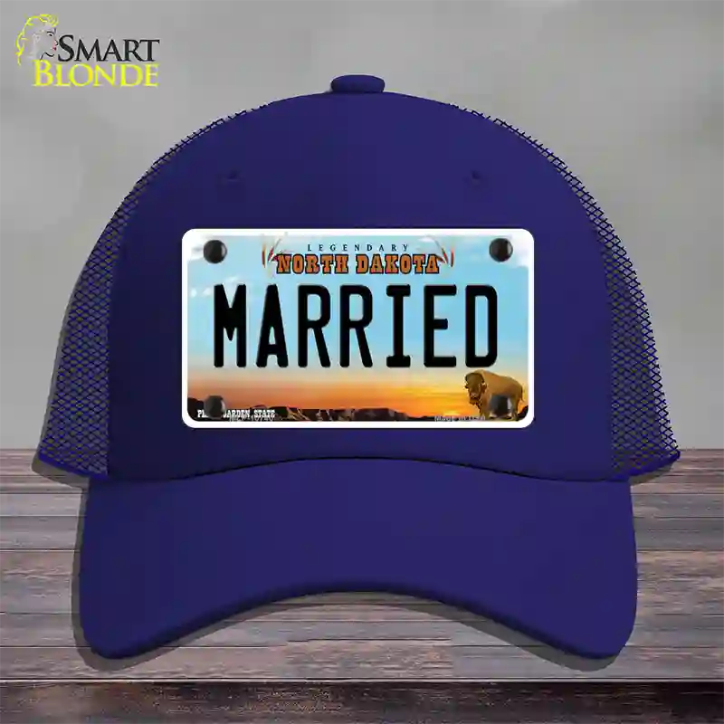 Married North Dakota Novelty License Plate Hat Mesh / Royal Blue