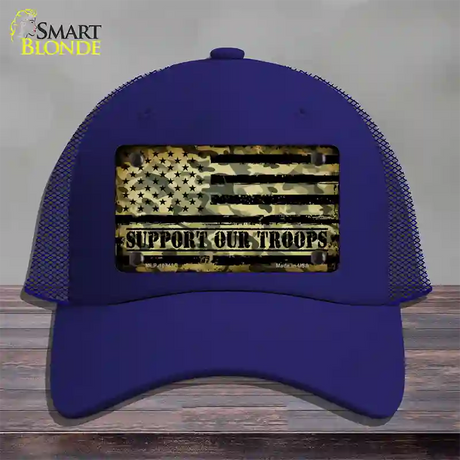 Camo American Flag Support Troops Novelty License Plate Hat Mesh / Royal Blue