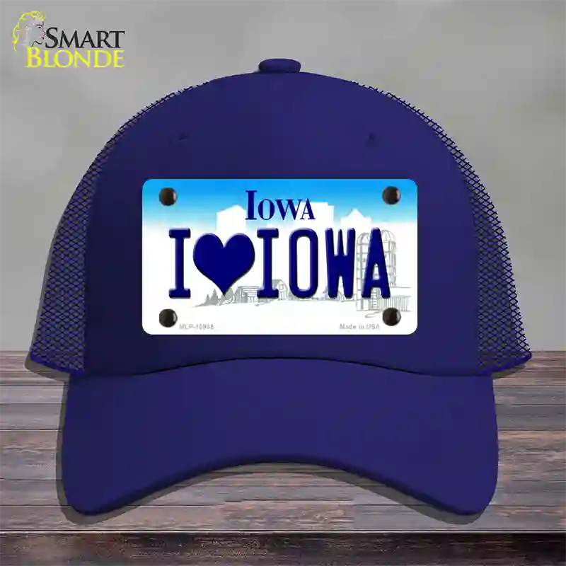 I Love Iowa Novelty License Plate Hat Mesh / Royal Blue