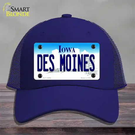 Des Moines Iowa Novelty License Plate Hat Mesh / Royal Blue