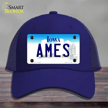 Ames Iowa Novelty License Plate Hat Mesh / Royal Blue