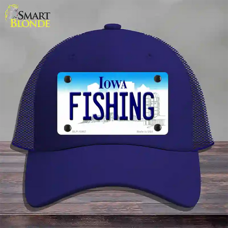 Fishing Iowa Novelty License Plate Hat Mesh / Royal Blue