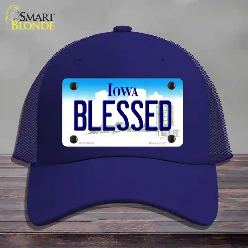 Blessed Iowa Novelty License Plate Hat Mesh / Royal Blue