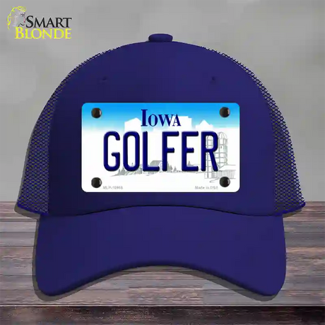 Golfer Iowa Novelty License Plate Hat Mesh / Royal Blue