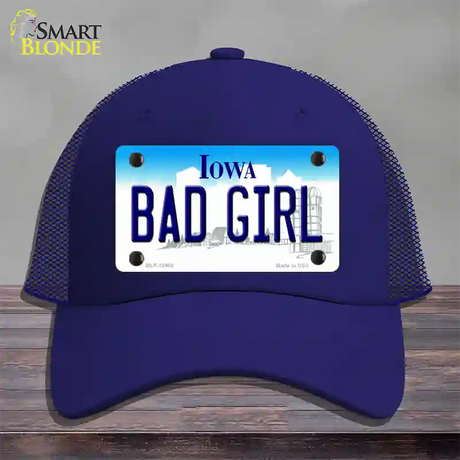 Bad Girl Iowa Novelty License Plate Hat Mesh / Royal Blue