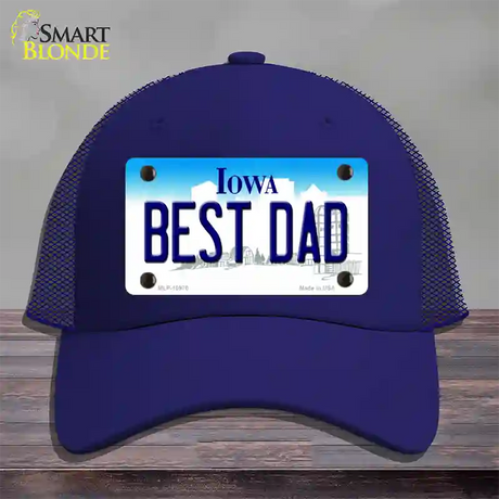 Best Dad Iowa Novelty License Plate Hat Mesh / Royal Blue