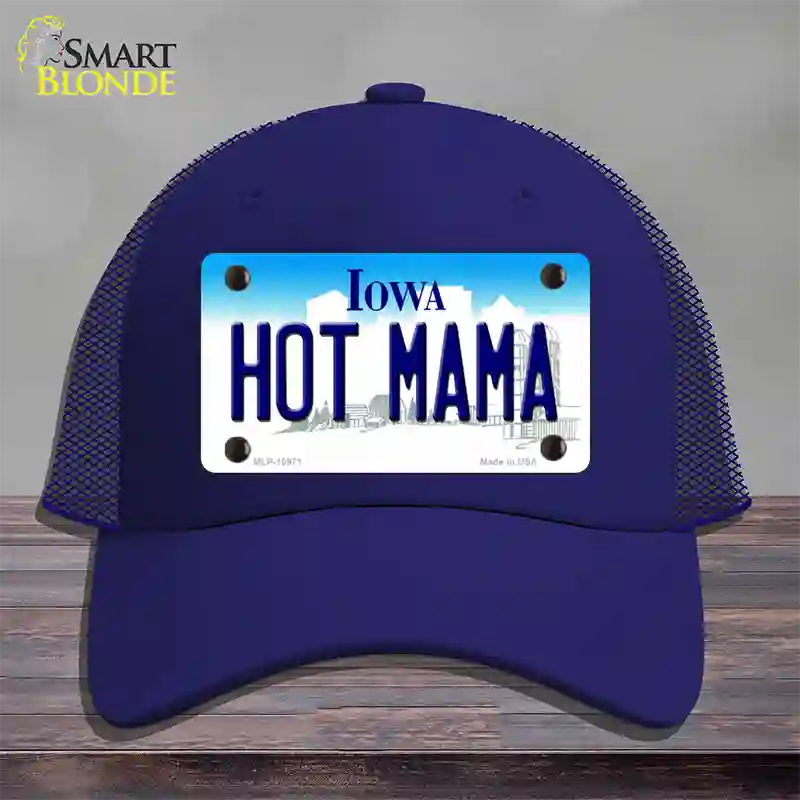 Hot Mama Iowa Novelty License Plate Hat Mesh / Royal Blue