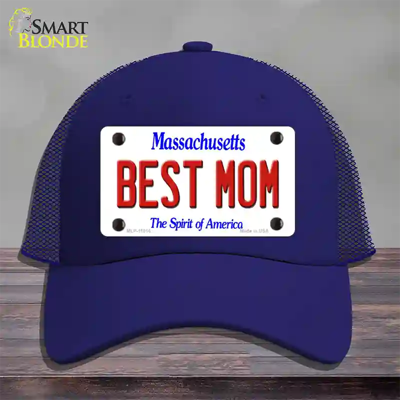 Best Mom Massachusetts Novelty License Plate Hat Mesh / Royal Blue