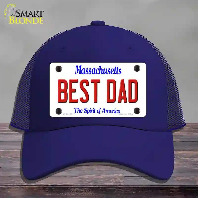 Best Dad Massachusetts Novelty License Plate Hat Mesh / Royal Blue