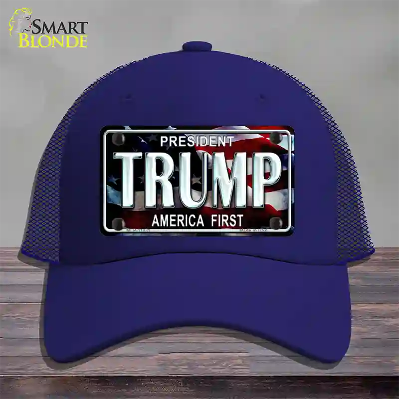 Trump America First Novelty License Plate Hat Mesh / Royal Blue