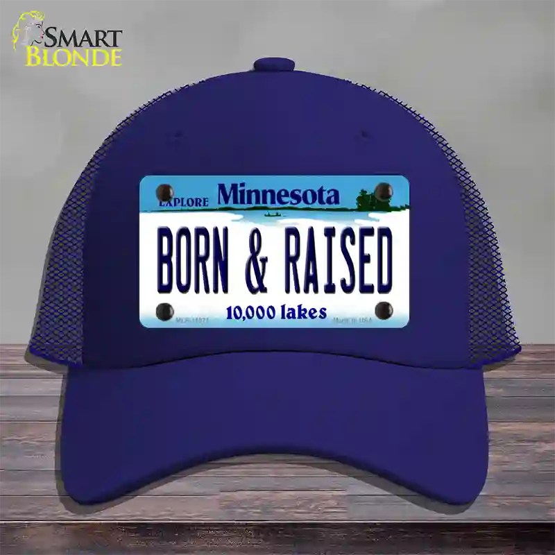 Born and Raised Minnesota State Novelty License Plate Hat Mesh / Royal Blue