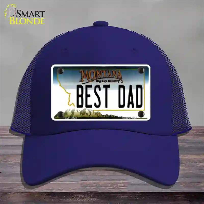 Best Dad Montana State Novelty License Plate Hat Mesh / Royal Blue