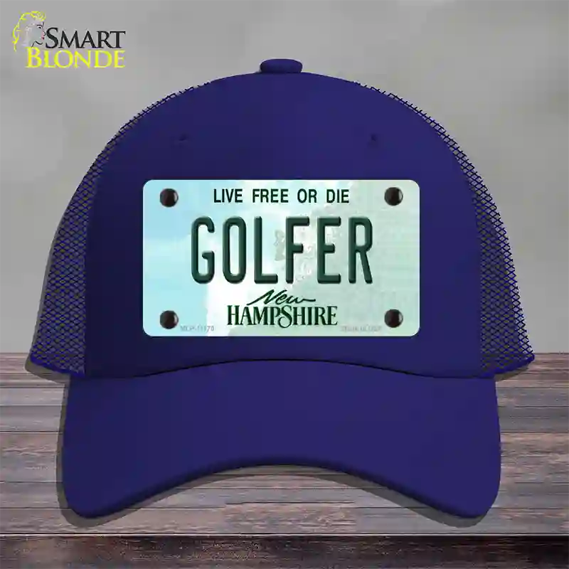 Golfer New Hampshire State Novelty License Plate Hat Mesh / Royal Blue