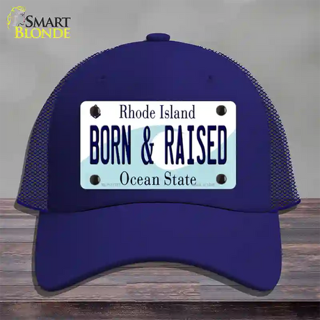 Born and Raised Rhode Island State Novelty License Plate Hat Mesh / Royal Blue