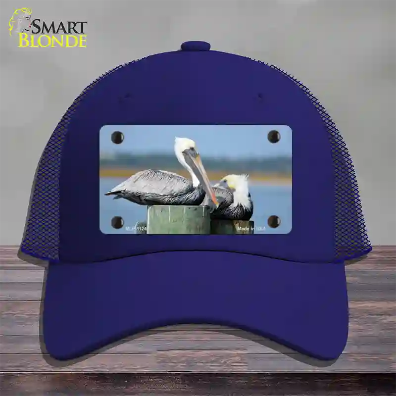 Pelican Two On Pier Novelty License Plate Hat Mesh / Royal Blue