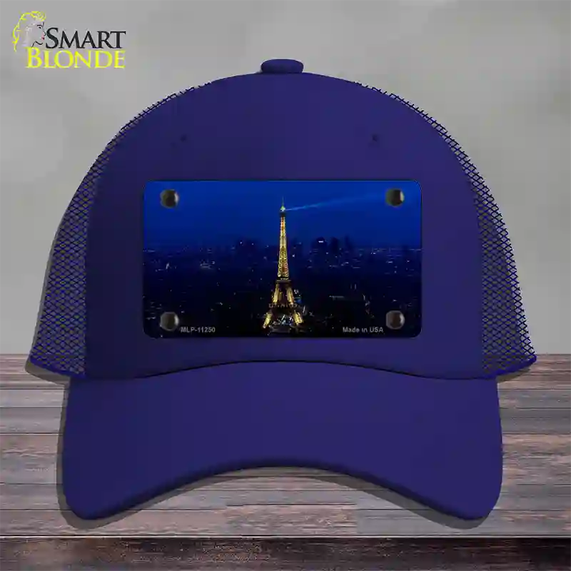 Eiffel Tower Night With City Skyline Novelty License Plate Hat Mesh / Royal Blue