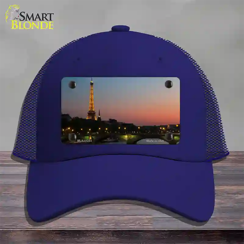 Eiffel Tower Night With River and Bridge Novelty License Plate Hat Mesh / Royal Blue