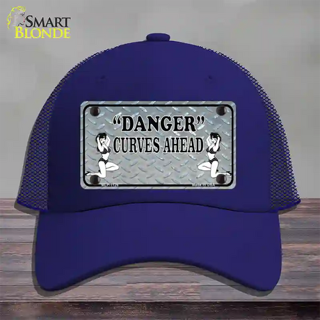 Danger Curves Ahead Novelty License Plate Hat Mesh / Royal Blue