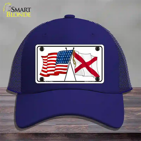 Alabama Crossed US Flag Novelty License Plate Hat Mesh / Royal Blue