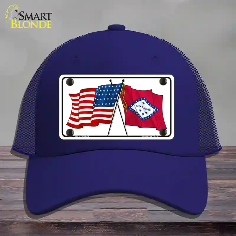 Arkansas Crossed US Flag Novelty License Plate Hat Mesh / Royal Blue