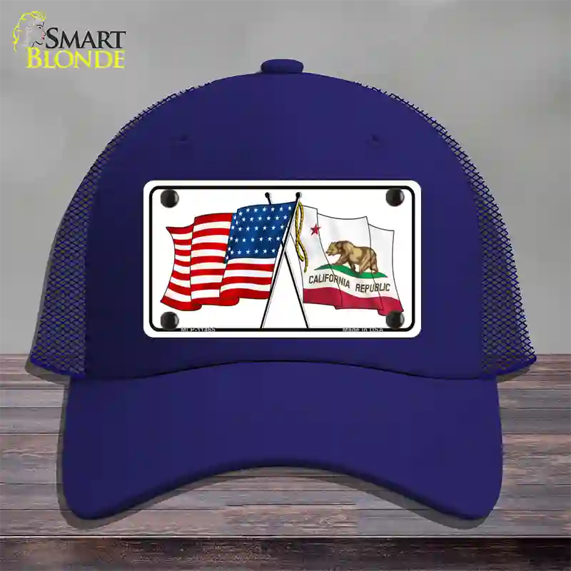 California Crossed US Flag Novelty License Plate Hat Mesh / Royal Blue