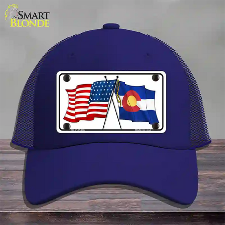 Colorado Crossed US Flag Novelty License Plate Hat Mesh / Royal Blue