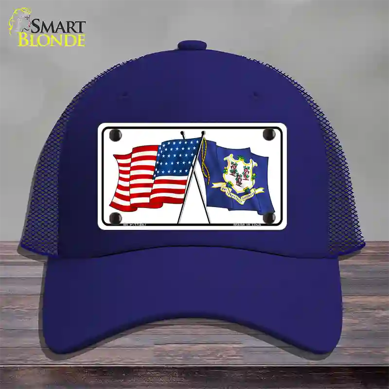 Connecticut Crossed US Flag Novelty License Plate Hat Mesh / Royal Blue