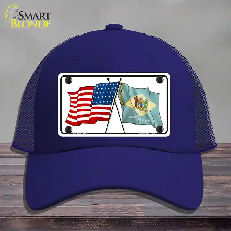 Delaware Crossed US Flag Novelty License Plate Hat Mesh / Royal Blue