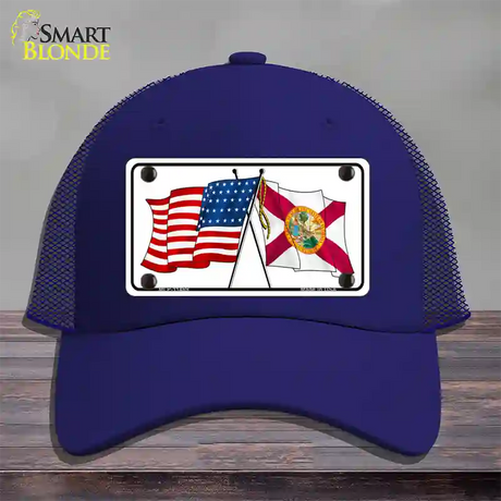 Florida Crossed US Flag Novelty License Plate Hat Mesh / Royal Blue