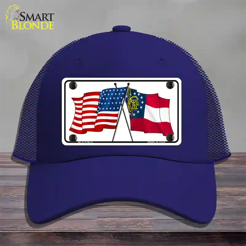 Georgia Crossed US Flag Novelty License Plate Hat Mesh / Royal Blue