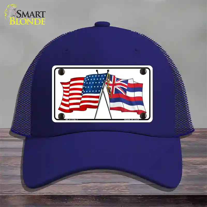 Hawaii Crossed US Flag Novelty License Plate Hat Mesh / Royal Blue