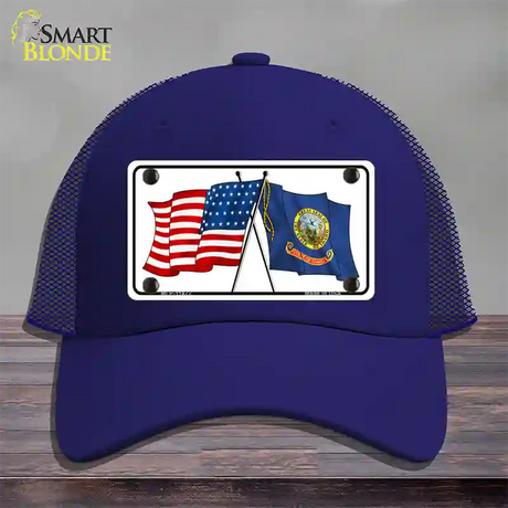 Idaho Crossed US Flag Novelty License Plate Hat Mesh / Royal Blue