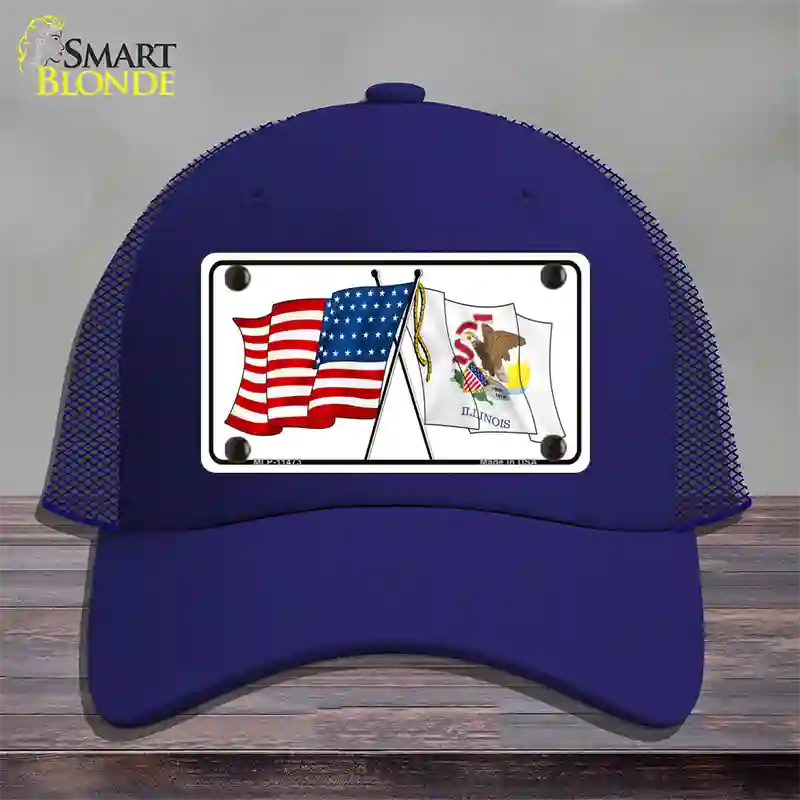 Illinois Crossed US Flag Novelty License Plate Hat Mesh / Royal Blue