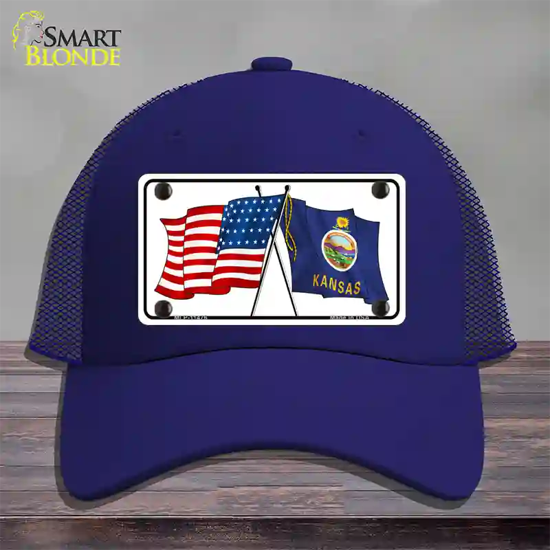 Kansas Crossed US Flag Novelty License Plate Hat Mesh / Royal Blue