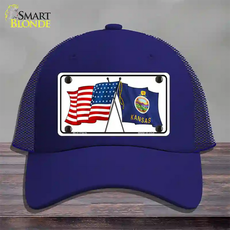 Kansas Crossed US Flag Novelty License Plate Hat Mesh / Royal Blue