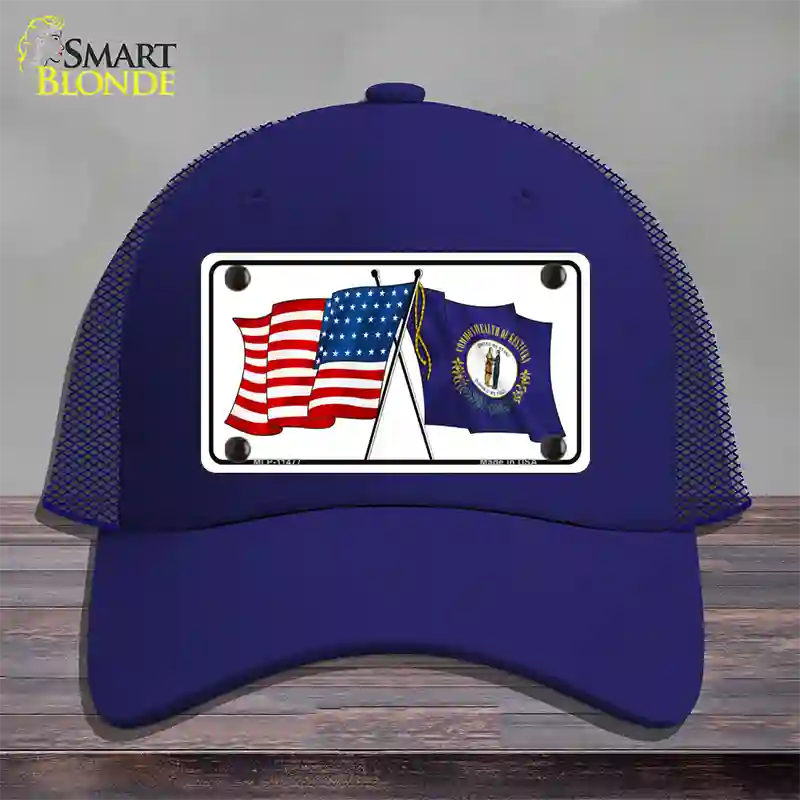 Kentucky Crossed US Flag Novelty License Plate Hat Mesh / Royal Blue