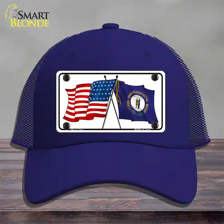 Kentucky Crossed US Flag Novelty License Plate Hat Mesh / Royal Blue