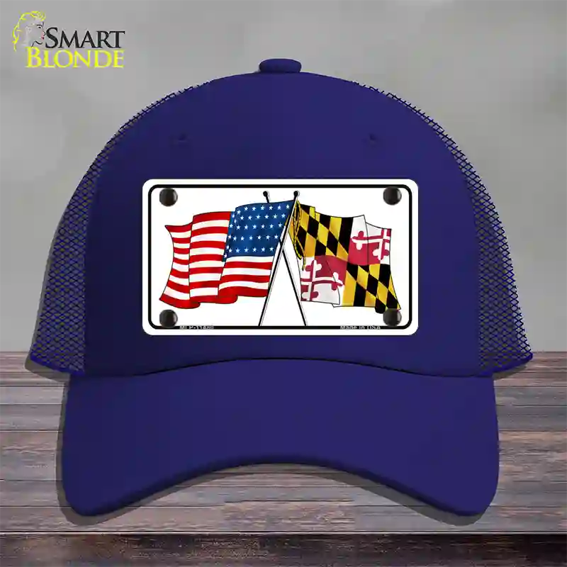 Maryland Crossed US Flag Novelty License Plate Hat Mesh / Royal Blue